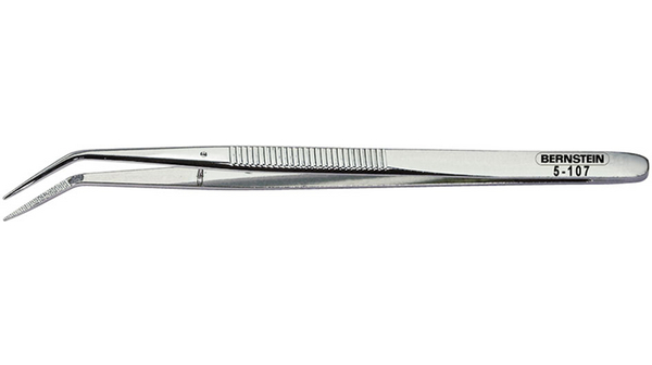 Universal Tweezers, Bent / Finely Serrated, Stainless Steel 150mm