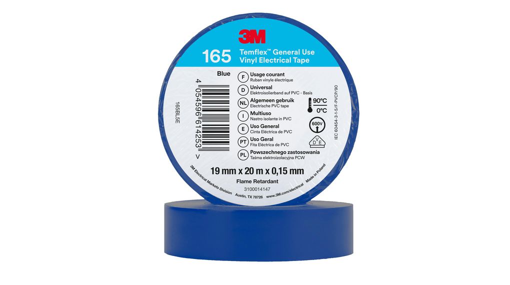 Electrical Tape, Temflex 165, PVC, 19mm x 20m, Blue