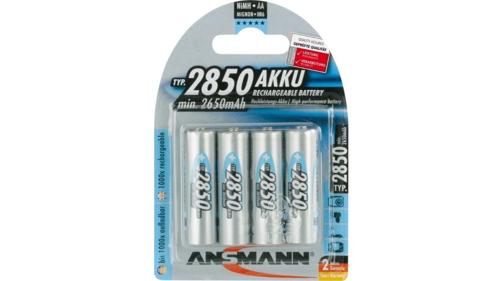 Batterie rechargeable, Ni-MH, AA, 1.2V, 2.85Ah, Lot de 4 pièces
