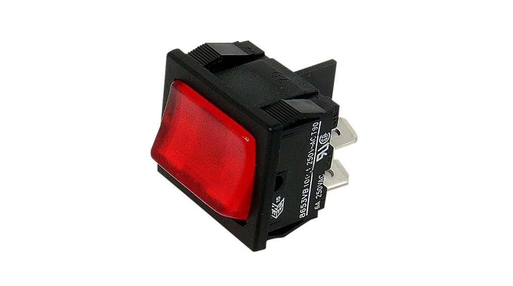 Rocker Switch, 10 A, 2NC, 250V, ON-(OFF), Red