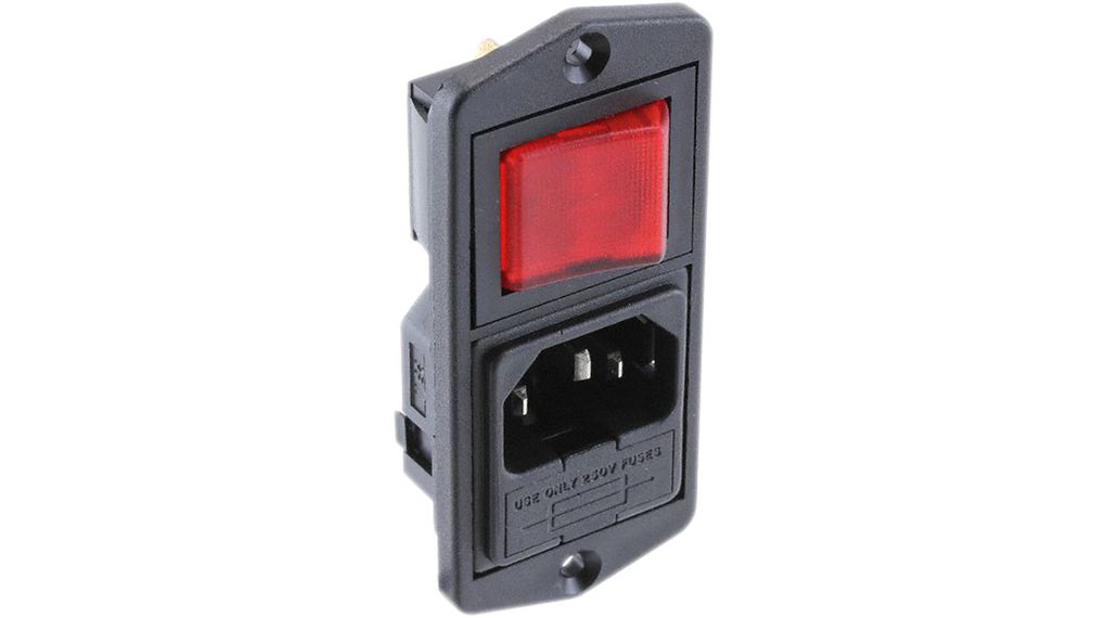 IEC Connector, Inlet, C14, 250V, 2 Pole - Illuminated, Black