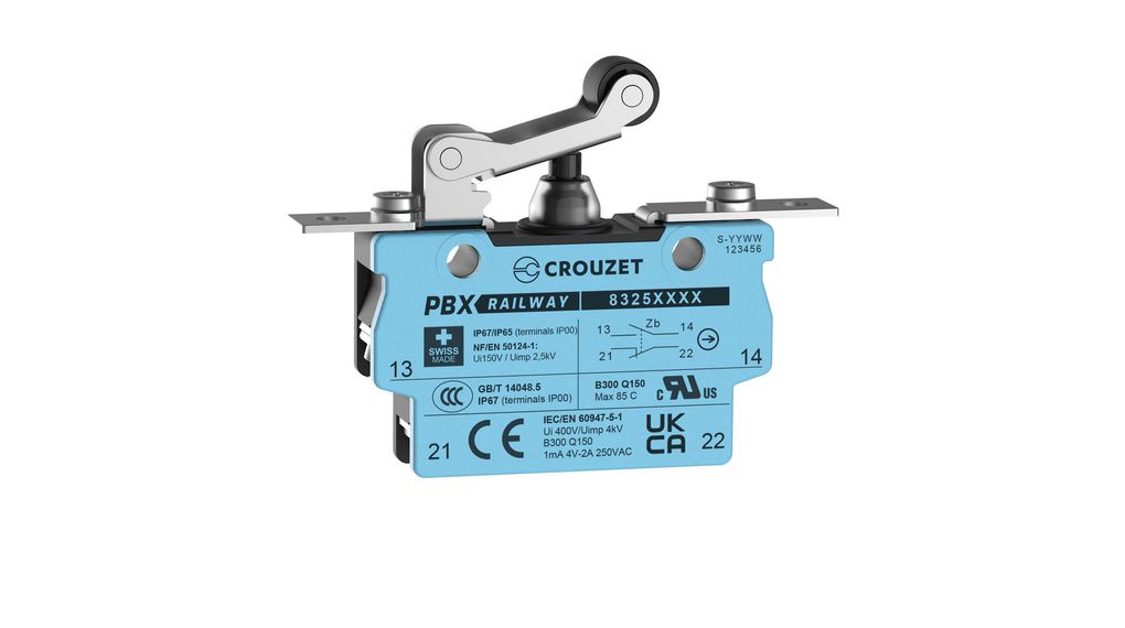 Micro Switch with Mounting Plates, 2A, 600mA, 1CO, 3.6N, Roller Lever, IP67, Screw Clamp Terminal