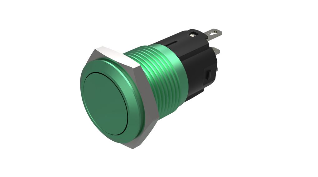 Pushbutton Switch, 1CO, Momentary Function, Green, 16mm Soldering Terminal