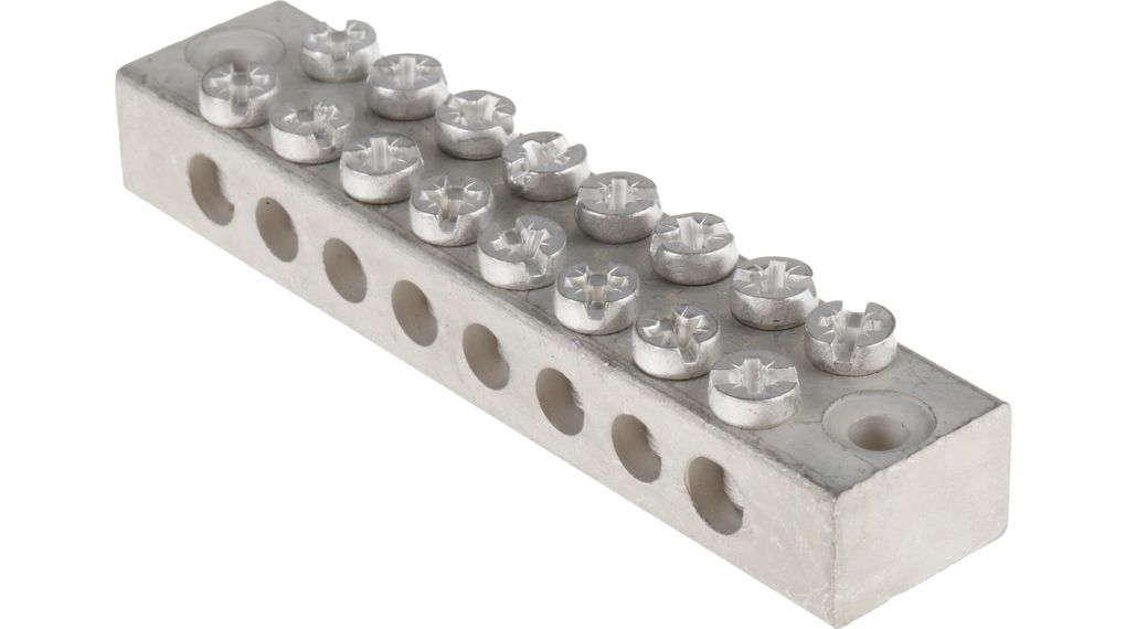 8-Way Double Screw Earth Terminal Block, 0 → 16 AWG Wire, Screw Down, Brass Housing Poler, Paket med 5 delar