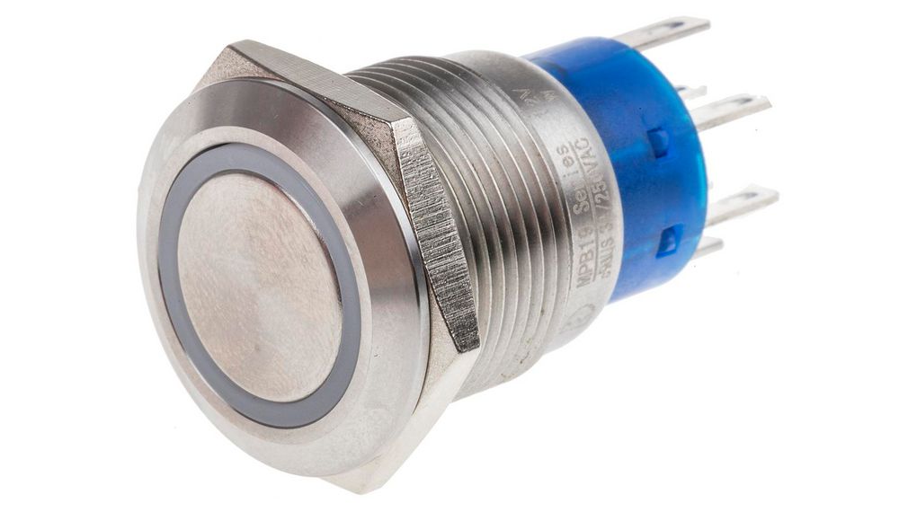 Illuminated Push Button Switch, Momentary, Panel Mount, 19.2mm Cutout, DPDT, White LED, 250V ac, IP67