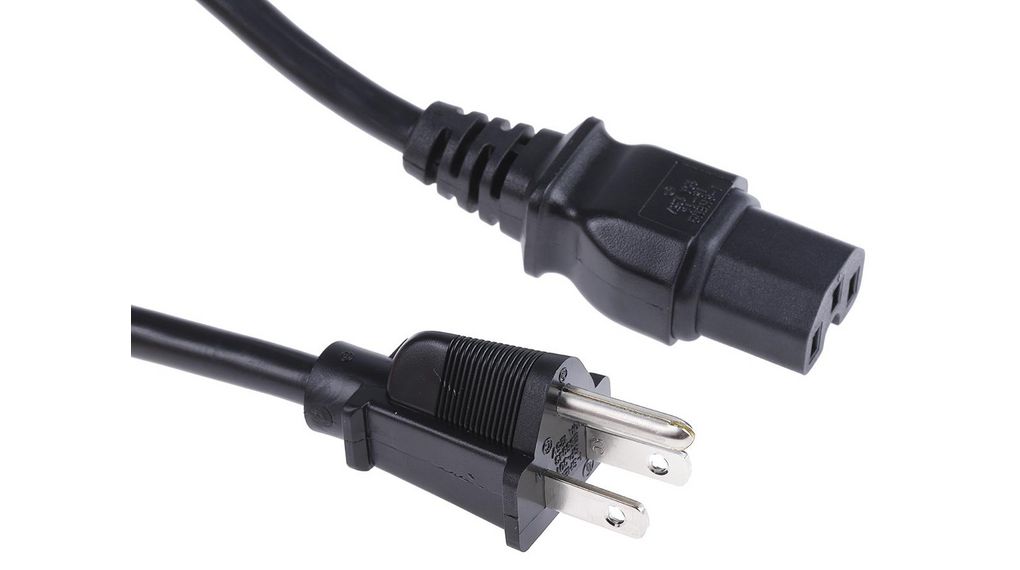 Straight IEC C15 Socket to Straight Type B US Plug Plug Power Cord, 2m, 125V, Cable Length 2m