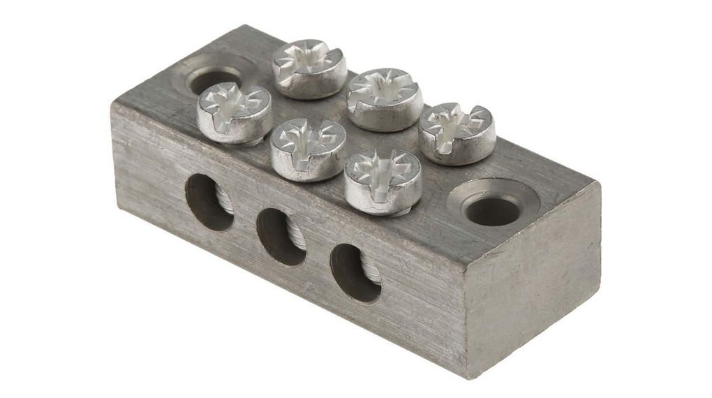 3-Way Double Screw Earth Terminal Block, 0 to 16mm², 0 → 16 AWG Wire, Screw Down, Brass Housing Poler, Paket med 5 delar