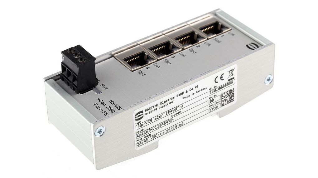 HARTING DIN Rail Mount Industrial Ethernet Switch, 4 RJ45 Ports, 10/100Mbit/s Transmission, 24V dc