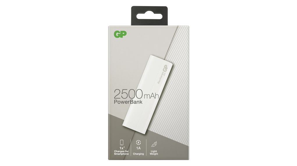 Powerbank, Li-Po, 2.5Ah, USB A-aansluiting, Wit
