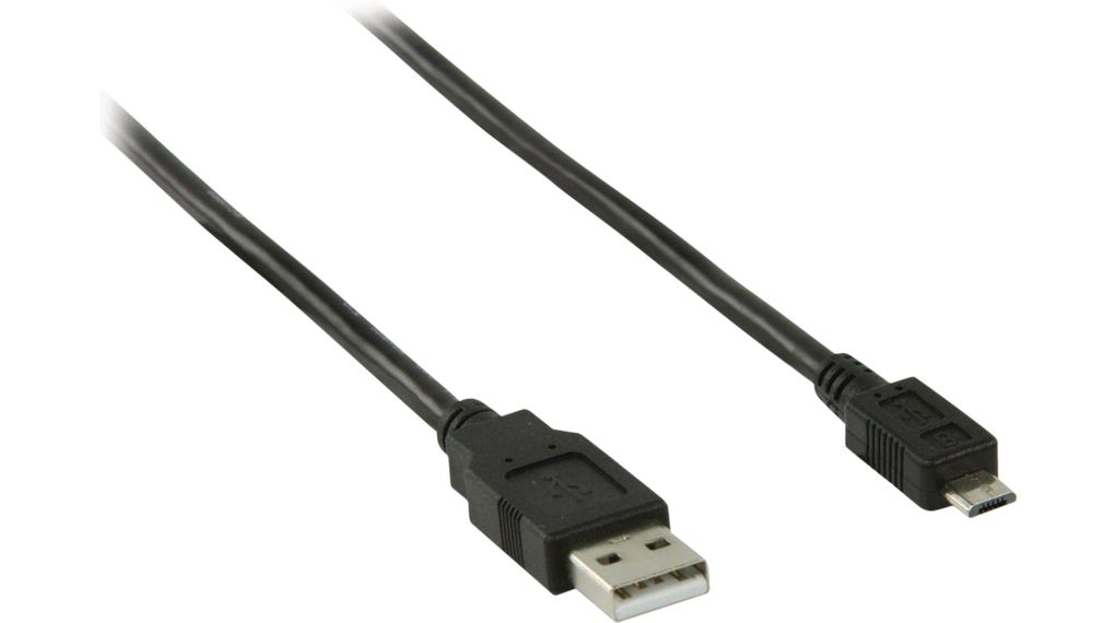 USB-kaapeli, USB A -urosliitin - USB Micro-B -urosliitin, 2m, USB 2.0, Musta