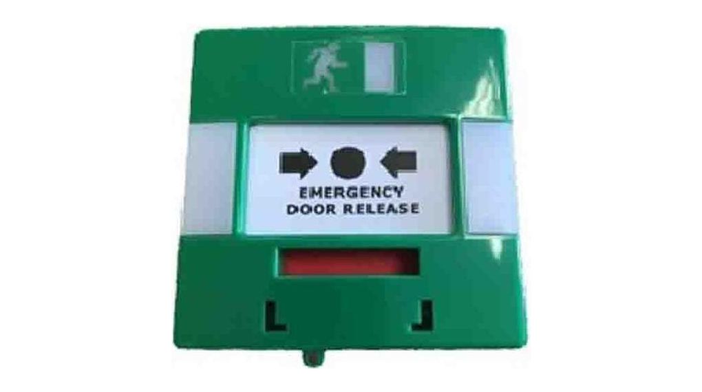 Green Emergency exit unlocking box, Button Operated, Resettable, 85 x 85 x 42mm, Mains-Powered