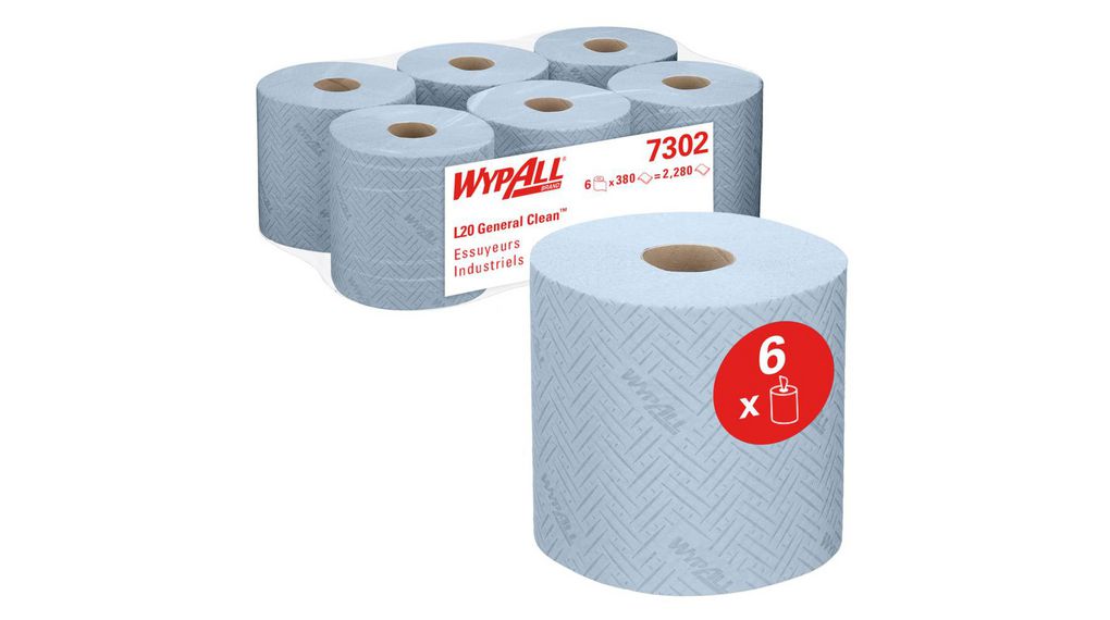 WYPALL WypAll L20 Centrefeed (7302) Rolled Blue Paper Towel, 200 x 380mm, 2-Ply, 380 Sheets Pack of 6 pieces
