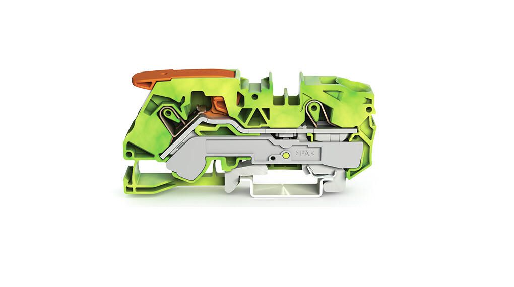 Wago WG21105307: 3-conductor ground terminal block with lever and push-button, green-yellow – – Wholesaler and developer of electronics Wago WG21105307: 3-conductor ground terminal block with lever and push-button, green-yellow – – Wholesaler and developer of electronics
