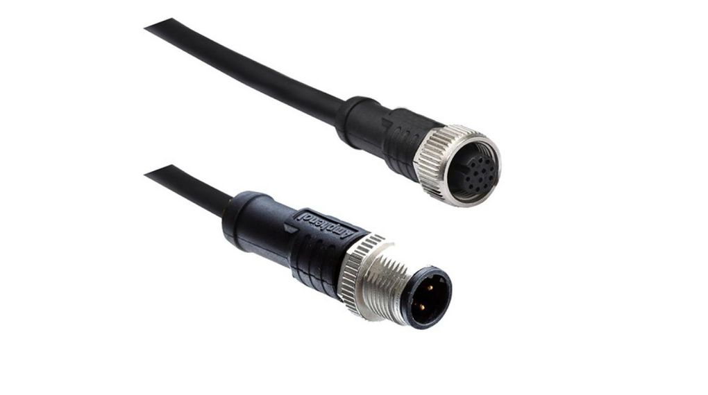 Male 5 way M12 to Female 5 way M12 Connector Cable, 1000 mm, Droit Conducteurs, 1m, IP68 / IP69K, Noir
