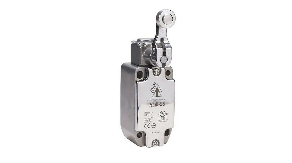 IDEM HLM-SS Series Short Roller Lever Safety Limit Switch, 2NC, 2NO, IP67, IP69K, 2NO/2NC, Stainless Steel Housing,