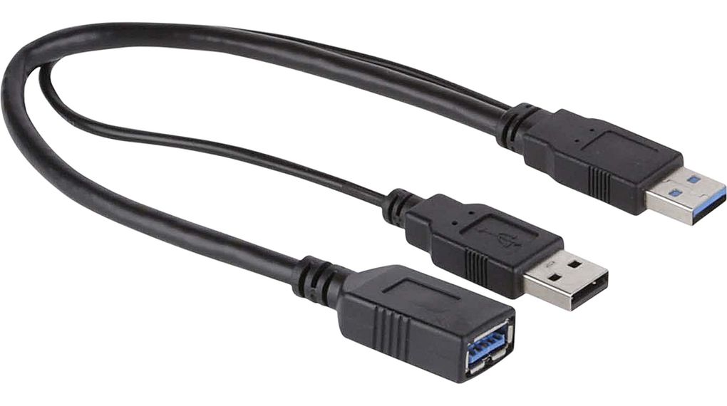 USB 3.0 Dual Power -kaapeli, USB A -urosliitin - USB A -naarasliitin, 300mm, USB 3.0, Musta