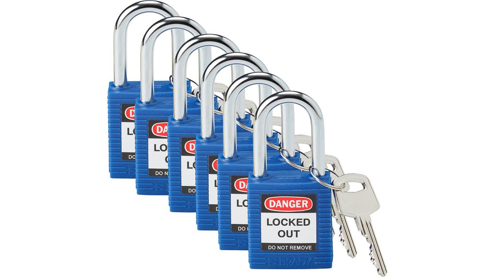 Safety Padlock, Pack of 6, Keyed Different, Blue