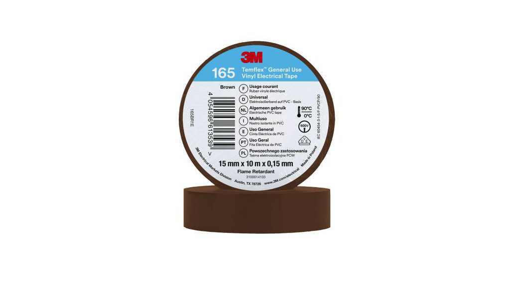 3M Temflex 165 Brown Vinyl Electrical Tape, 15mm x 10m