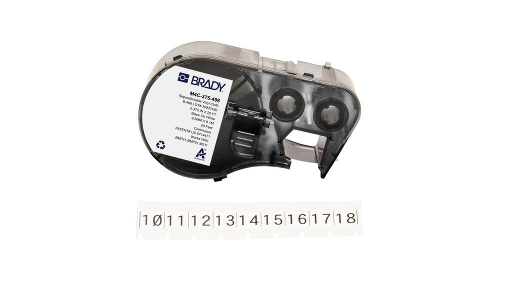 Label Tape, Vinyl, 9.53mm x 6.1m, White