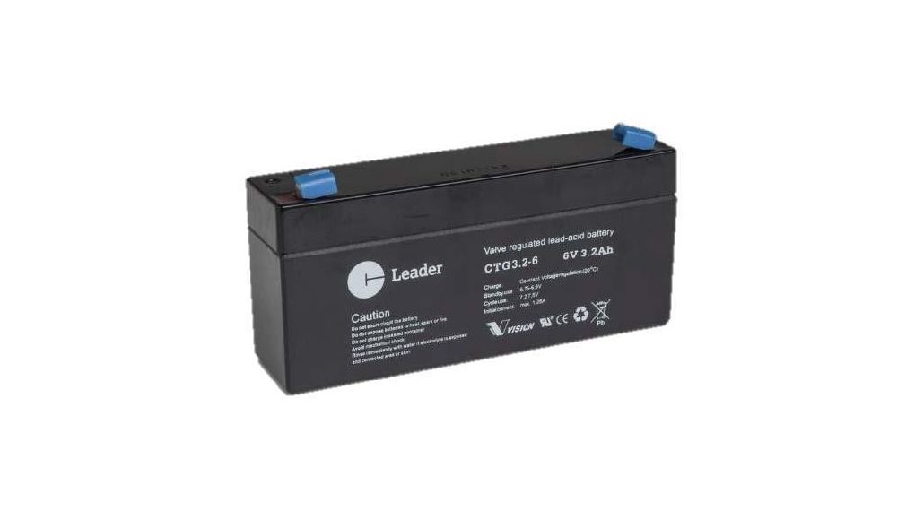 Rechargeable Battery, Lead-Acid, 6V, 3.2Ah, Blade Terminal, 4.8 mm