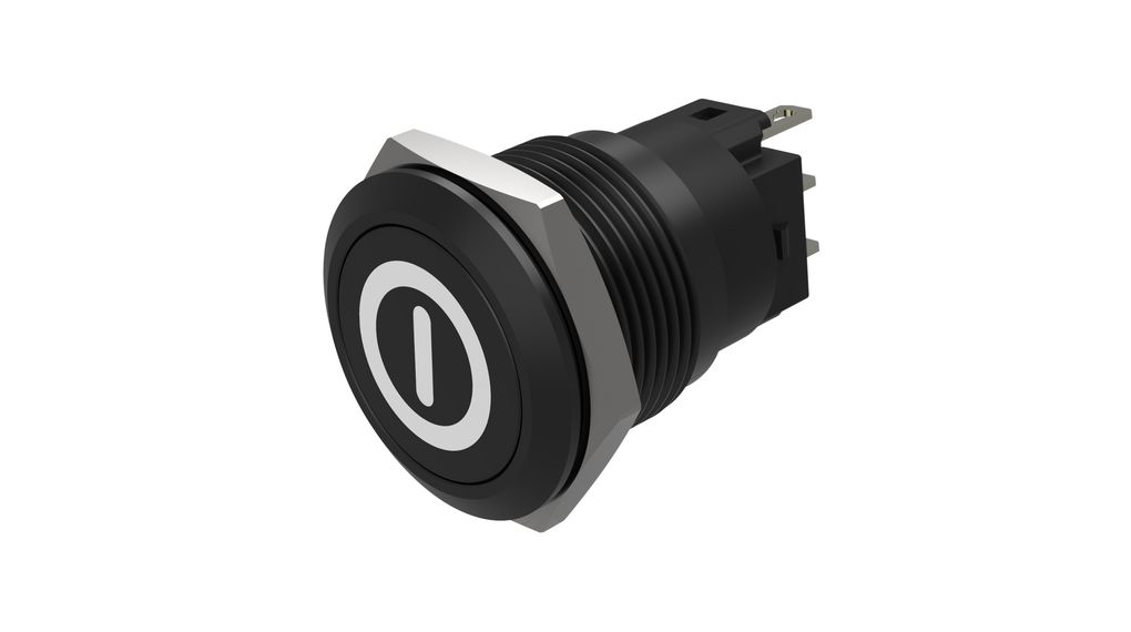 Pushbutton Switch, 1CO, Momentary Function, On / Off Symbol, Black, 19mm Soldering Terminal