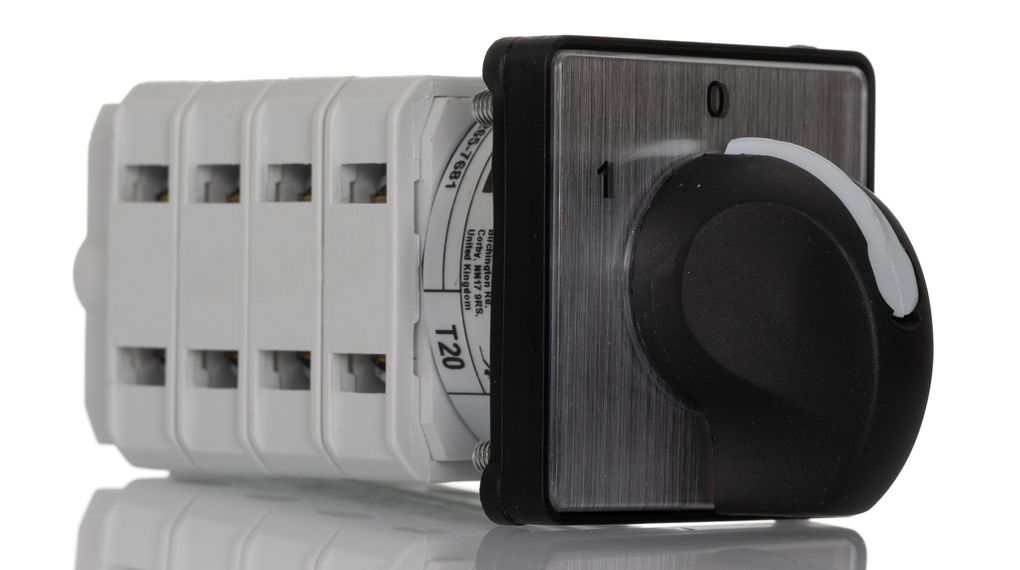 4P 3 Position 60° Changeover Cam Switch, 500V ac, 25A, Knob Actuator, Poler = 4, Positioner = 3, Door Mount