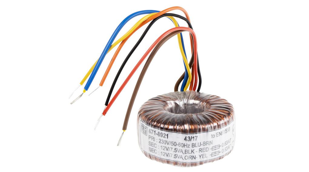 230V ac, 2 x 12V ac Toroidal Transformer, 15VA 2 Output, 15VA, 9 VAC