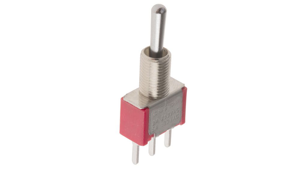 Toggle Switch, PCB Mount, (On)-Off-(On), SPDT, Through Hole Terminal