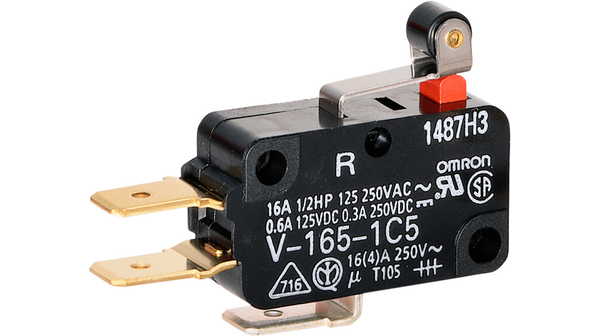 Micro Switch V, 16A, 1CO, 2.35N, Short Hinge Roller Lever