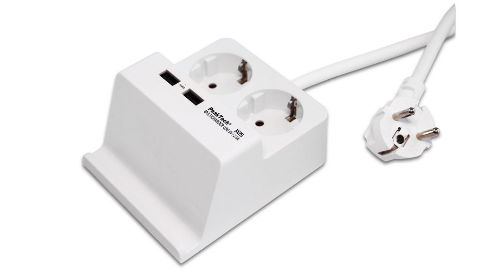 Outlet Strip 2x DE Type F (CEE 7/3) Socket / USB-A Socket - DE/FR Type F/E (CEE 7/7) Plug White 1.4m