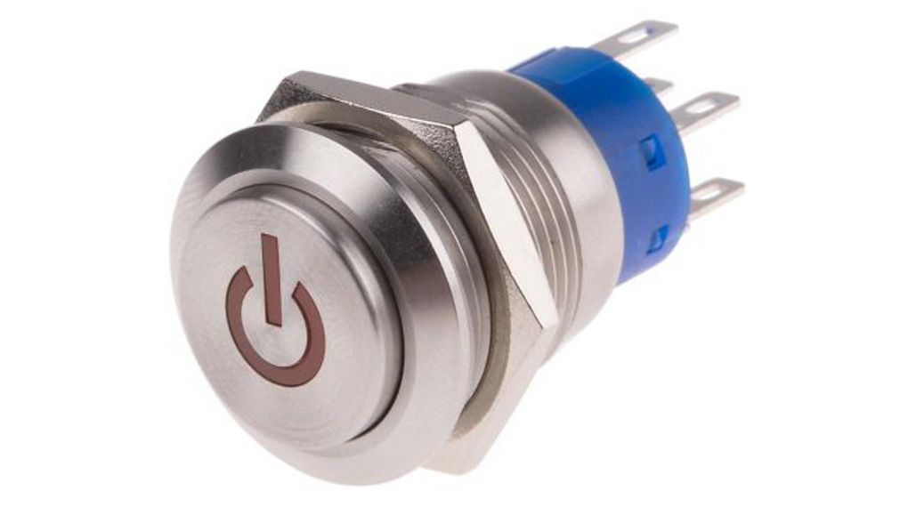 Illuminated Push Button Switch, Momentary, Panel Mount, 19mm Cutout, DPDT, Red LED, 110V ac, IP67