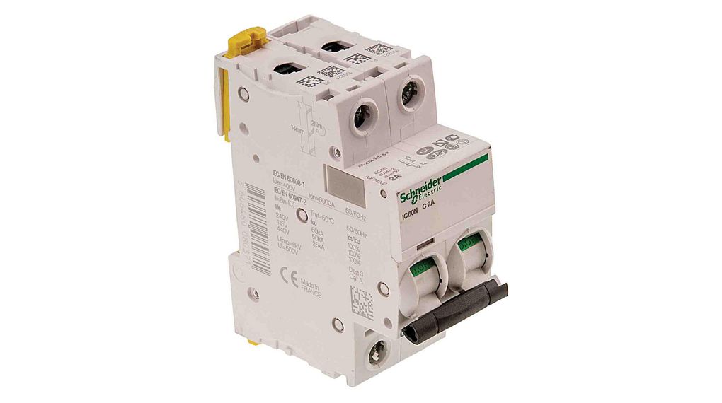 Schneider Electric Acti 9 iC60N MCB, 2P, 6A Curve D, 100 → 130V AC, 12 → 144V DC, 6 kA Breaking Capacity