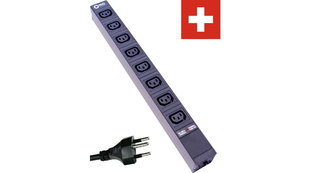 Outlet Strip 8x IEC 60320 C13 Socket - CH Type J (T12) Plug Black 3m