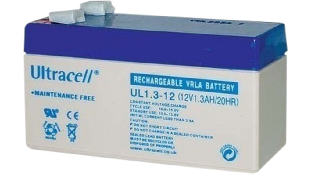 Batterie rechargeable, Plomb-Acide, 12V, 1.3Ah, Borne à lame, 4.8/6.3 mm
