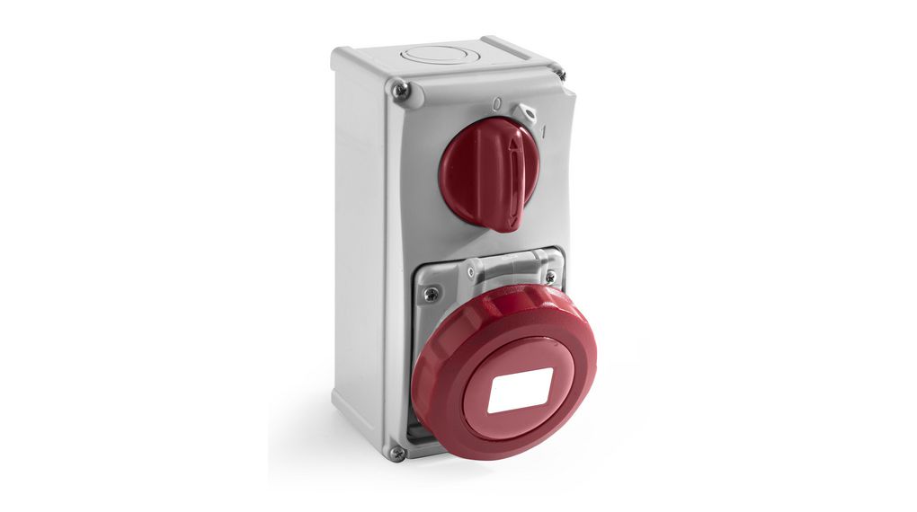 IP67 Red Wall Mount 3P + E Vertical Industrial Power Socket, Rated At 16A, 400 V, Röd, Väggfästen, 16A, IP67, 400V
