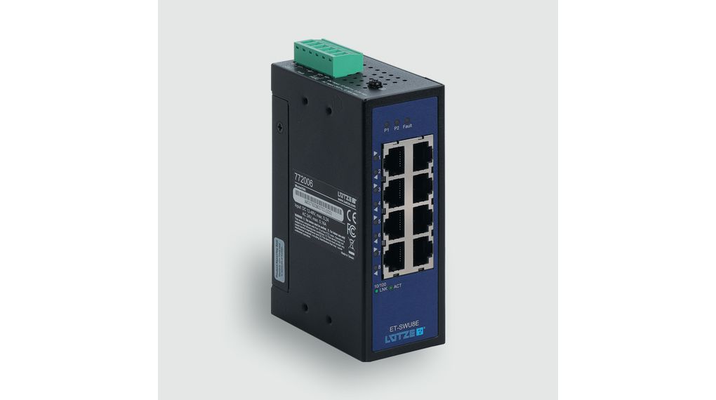 F Lutze Ltd DIN Rail Mount Industrial Ethernet Switch, 8 RJ45 Ports, 10/100Mbit/s Transmission, 12 → 48V dc