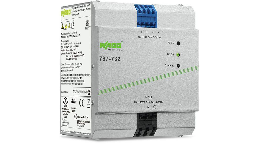 WAGO 787 Switched Mode DIN Rail Power Supply230V AC/DC Input, 10 A OutputDC240 W