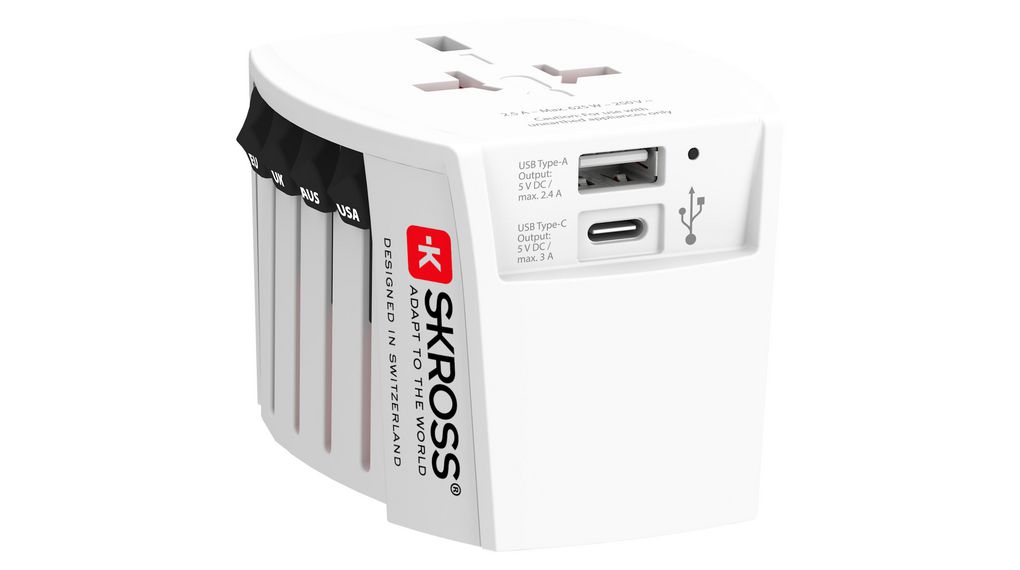 Travel Adapter, - Euro Type C (CEE 7/16) Plug / AU Type I Plug / UK Type G (BS1363) Plug / US Type A Plug, 2.5A