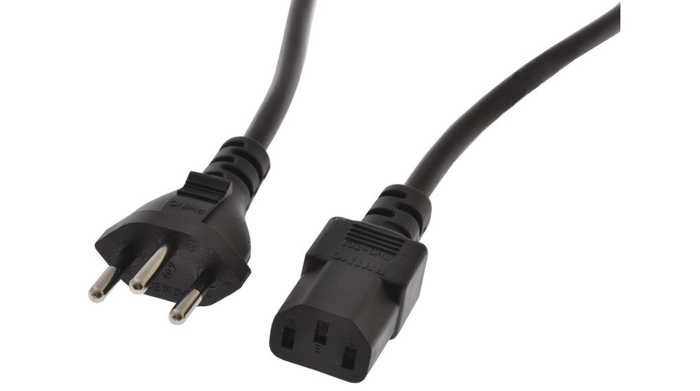 AC Power Cable, CH Type J (T12) Plug - IEC 60320 C13, 1.8m, Black