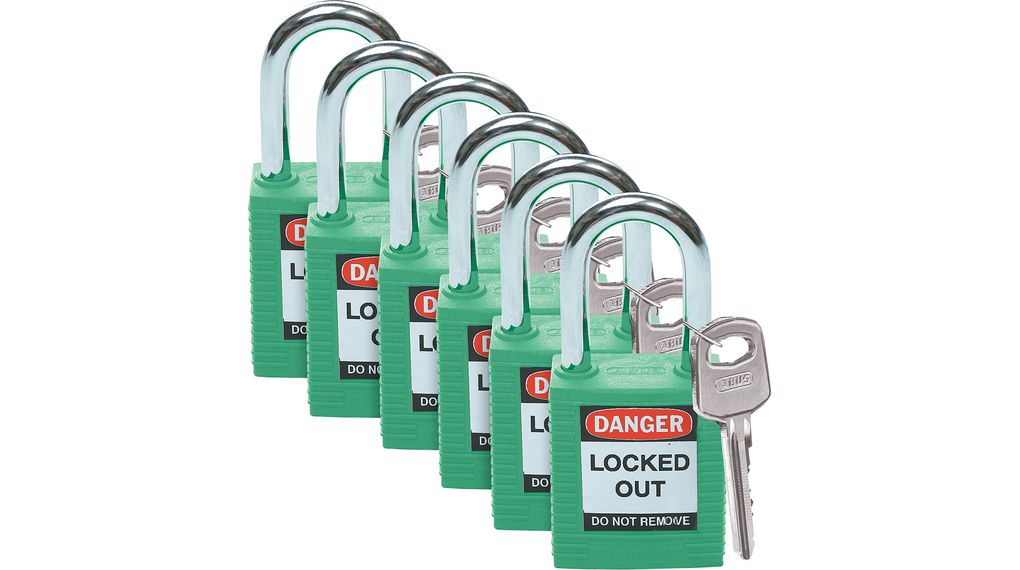 Safety Padlock, Pack of 6, Keyed Different, Green