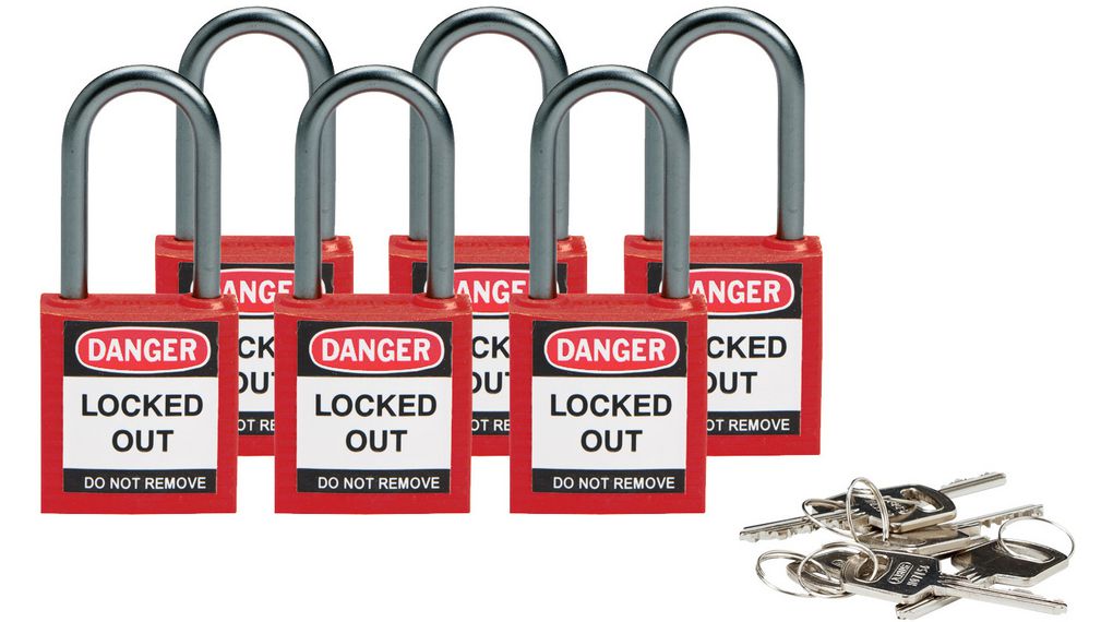 Safety Padlock, Compact, Pack of 6, Keyed Different, Red