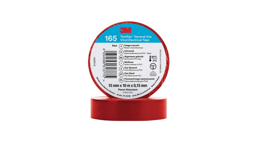 Electrical Tape, Temflex 165, PVC, 15mm x 10m, Red