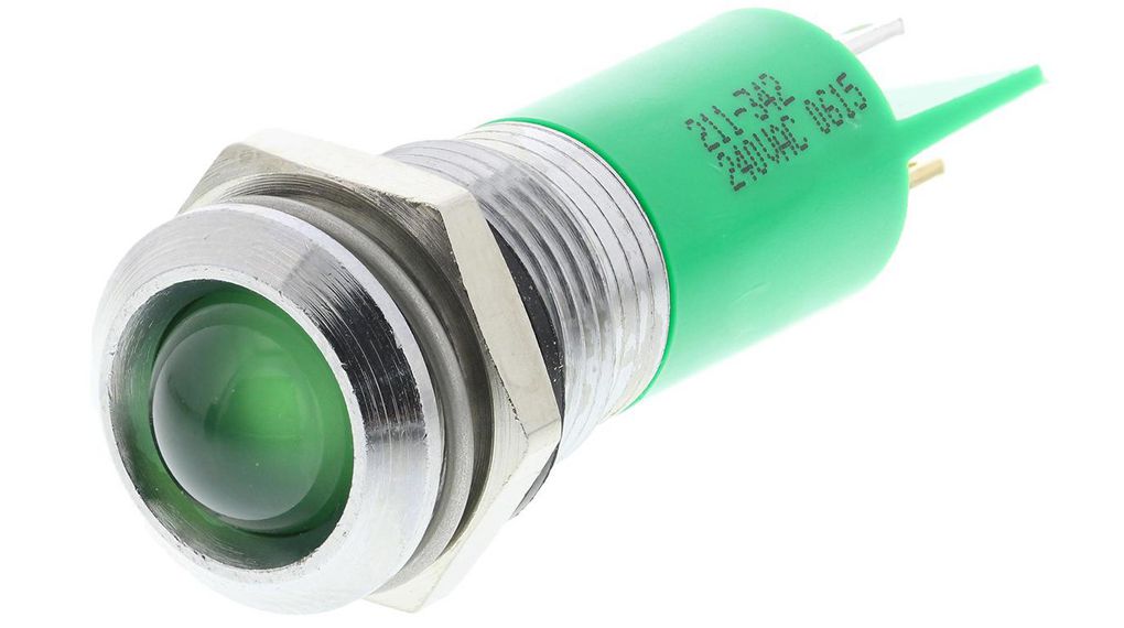 Green Panel Mount Indicator, 240V, 14.5mm Mounting Hole Size, Solder Tab Termination, IP40