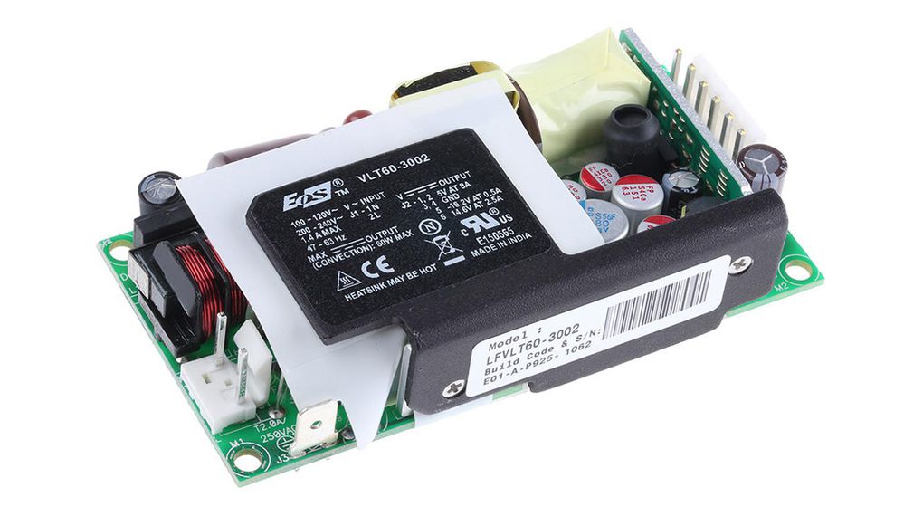 EOS Switching Power Supply, LFVLT60-3002, 5.2 V dc, 14.6 V dc, 2.5 A, 8 A, 500mA, 60W, Triple Output, 180 → 264