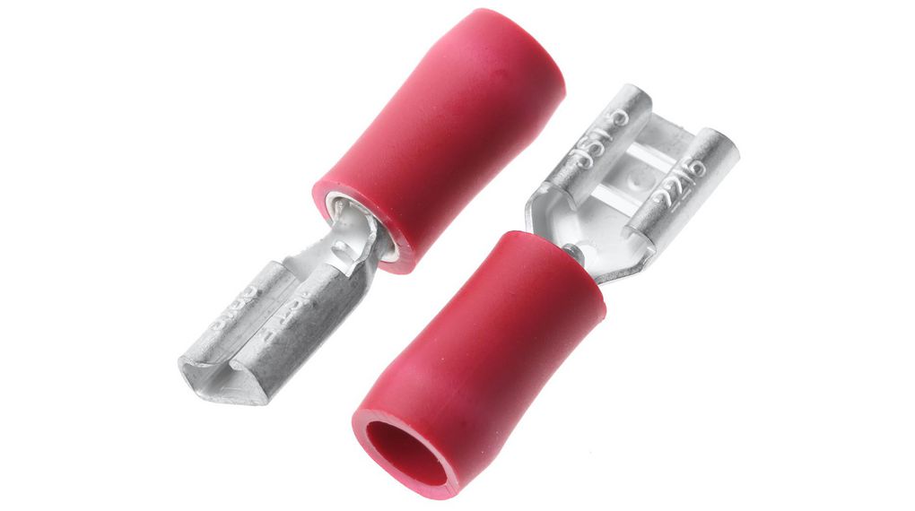 FVDDF Red Insulated Female Spade Connector, Crimp, 4.75 x 0.5 mm Tab Size, Insulated, Female, Pack of 100 pieces