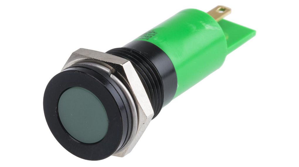 Green Panel Mount Indicator, 12V dc, 14mm Mounting Hole Size, Solder Tab Termination, IP67