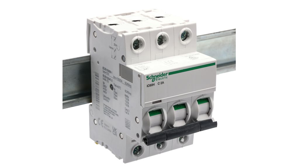 Schneider Electric Acti 9 iC60H MCB, 3P, 2A Curve C, 440V AC, 100 → 133V DC, 10 kA Breaking Capacity, 2A, IP20