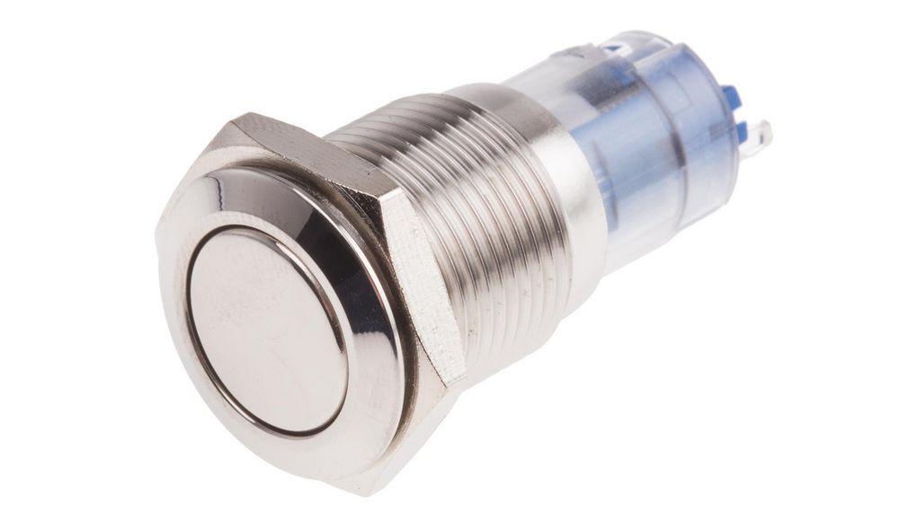 Push Button Switch, Momentary, Panel Mount, 16mm Cutout, SPDT, 250V ac, IP65, IP67