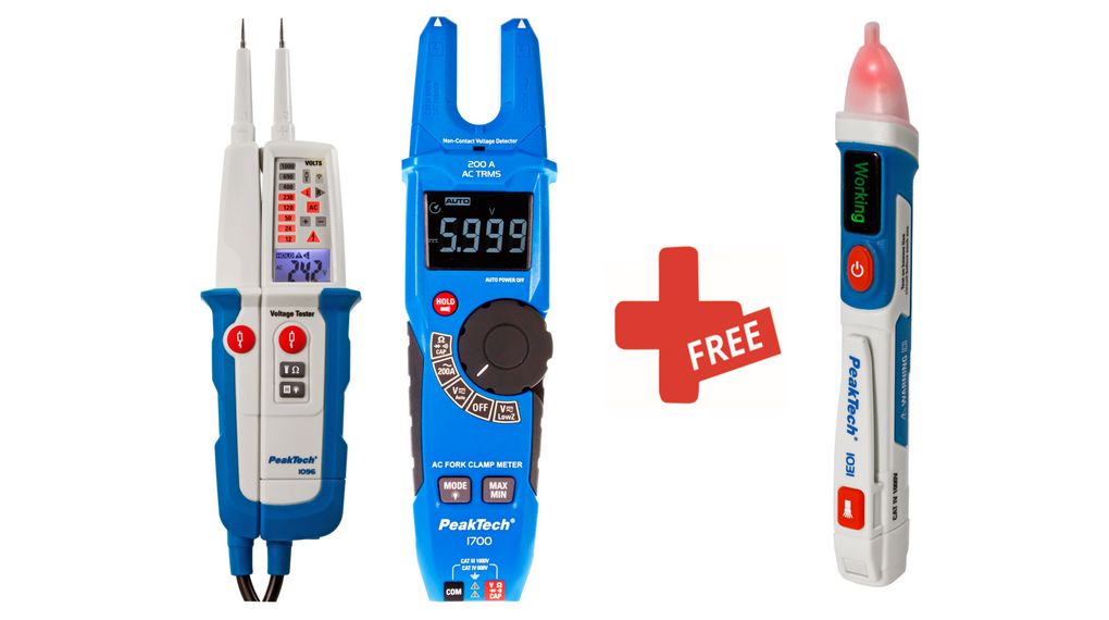 P1700 Current Clamp Meter + P1096 Voltage Tester + FREE P1031 Voltage Detector, TRMS AC, 60MOhm, Backlit LCD, 200A