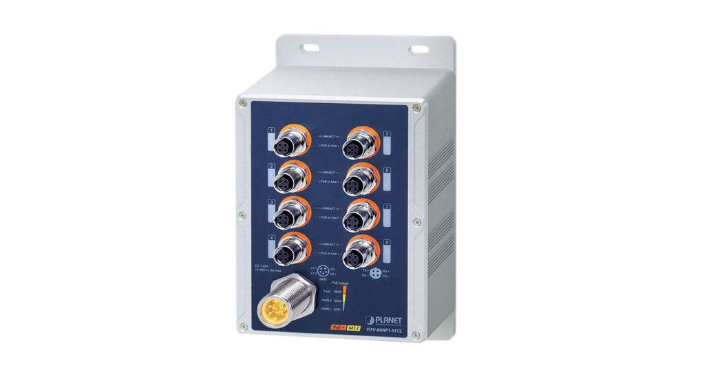 PoE-schakelaar, Niet beheerd, 100Mbps, 180W, Poorten 8 M12, PoE-poorten 8